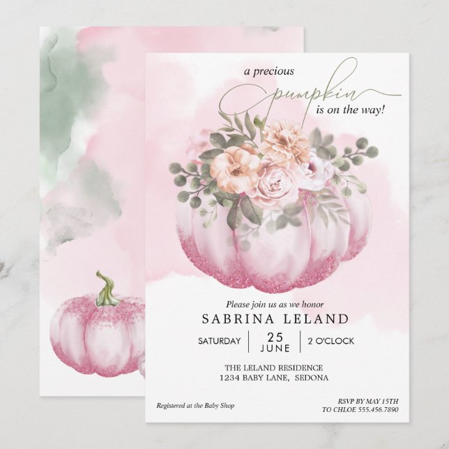 Watercolor Floral Pink Pumpkin Baby Shower Invitation (Front/Back)