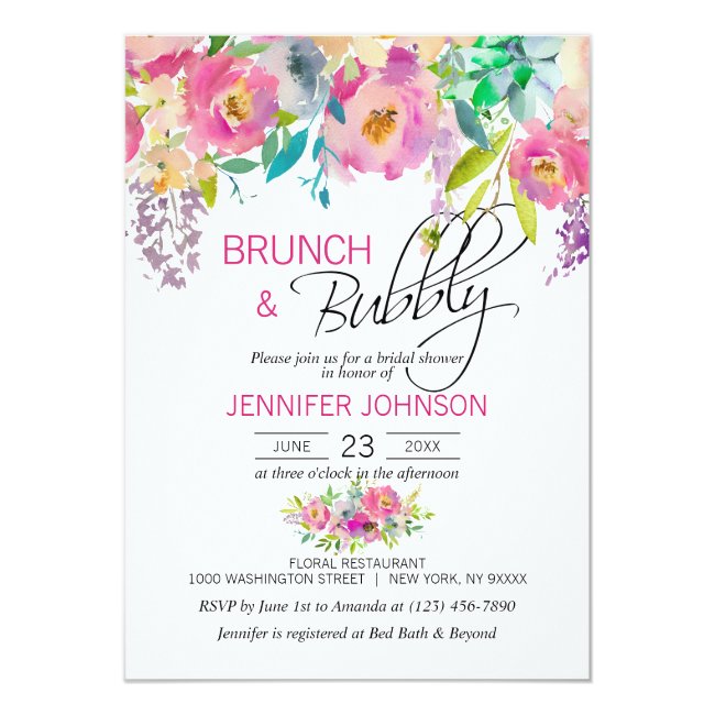 Watercolor Floral Pink Purple Bridal Brunch Invitation
