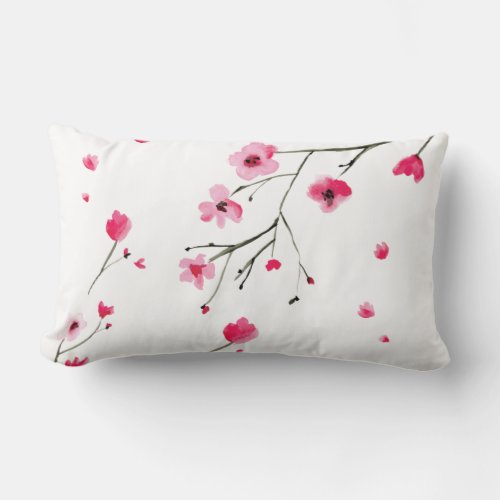 Watercolor Floral Pink Red Cherry Blossoms Lumbar Pillow
