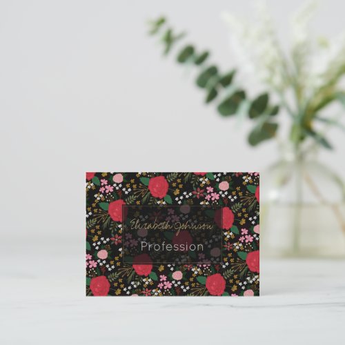 Watercolor Floral Pink Red Roses Black Pattern Business Card