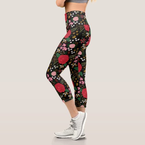 Watercolor Floral Pink Red Roses Black Pattern Capri Leggings