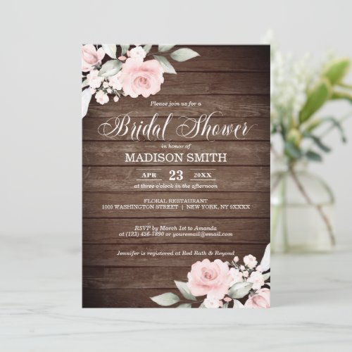 Watercolor Floral Pink Rose Rustic Bridal Shower Invitation