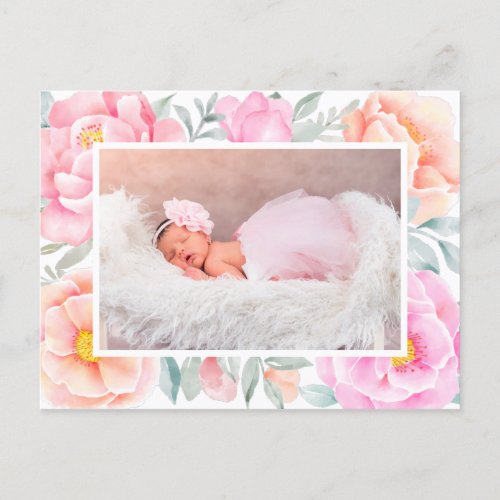 Watercolor Floral Pink Roses Baby Girl Photo Announcement Postcard