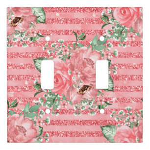 Watercolor Floral Pink Roses & Glitter Stripes Light Switch Cover
