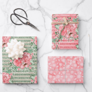 Watercolor Floral Pink Roses & Glitter Stripes Wrapping Paper Sheets