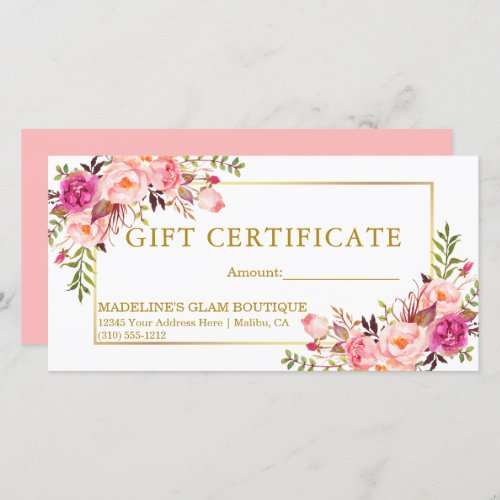 Watercolor Floral Pink Roses Gold Gift Certificate