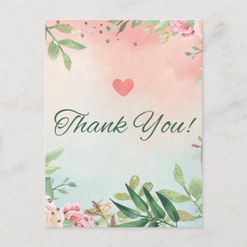 watercolor floral pink roses thank you card