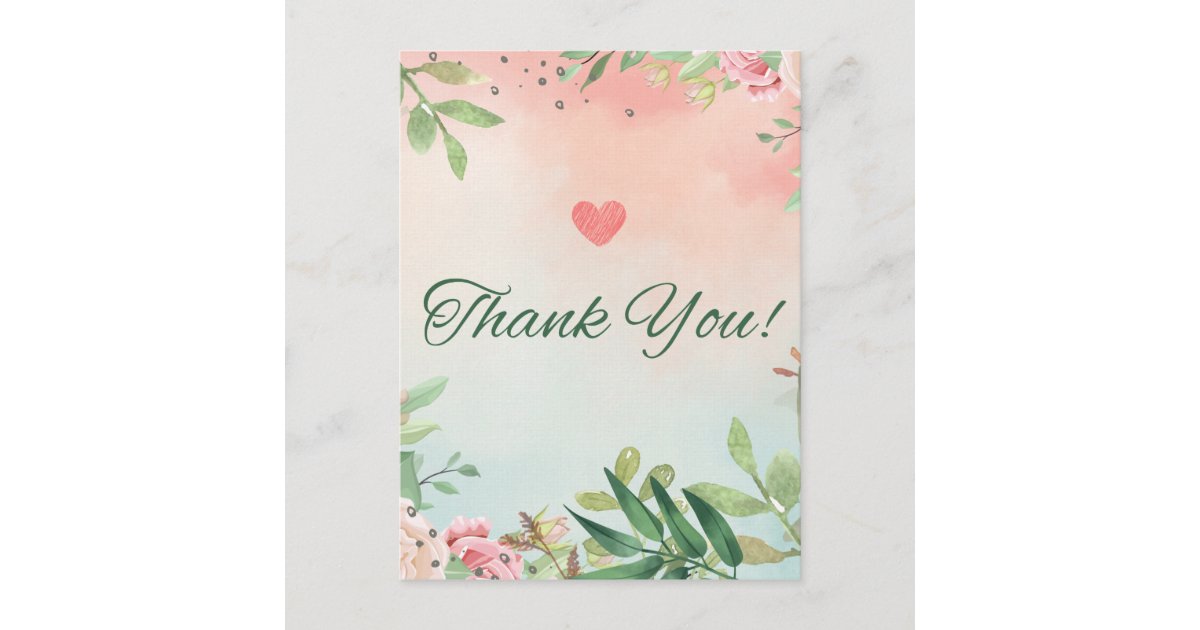 watercolor floral pink roses thank you card | Zazzle
