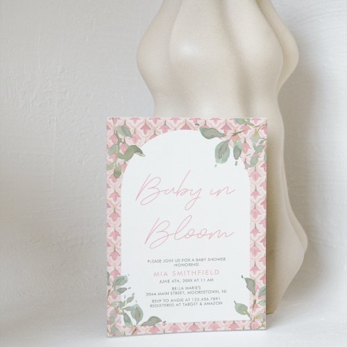 Watercolor Floral Pink Tile Baby in Bloom Shower  Invitation