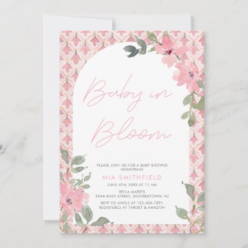 Watercolor Floral Pink Tile Baby in Bloom Shower Invitation