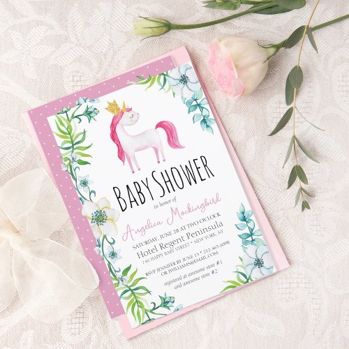 Watercolor Floral Pink Unicorn Baby Shower Invitat Invitation