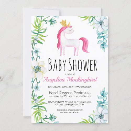 Watercolor Floral Pink Unicorn Baby Shower Invitation