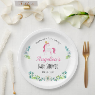 Watercolor Floral Pink Unicorn Baby Shower Paper Plates