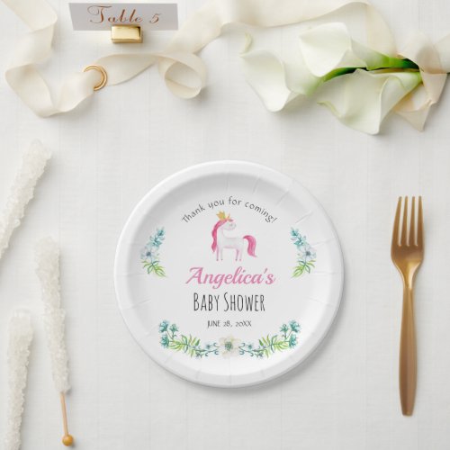 Watercolor Floral Pink Unicorn Baby Shower Paper Plates