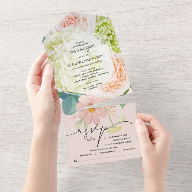 Watercolor Floral Pink Wedding All In One Invitation (Tearaway)