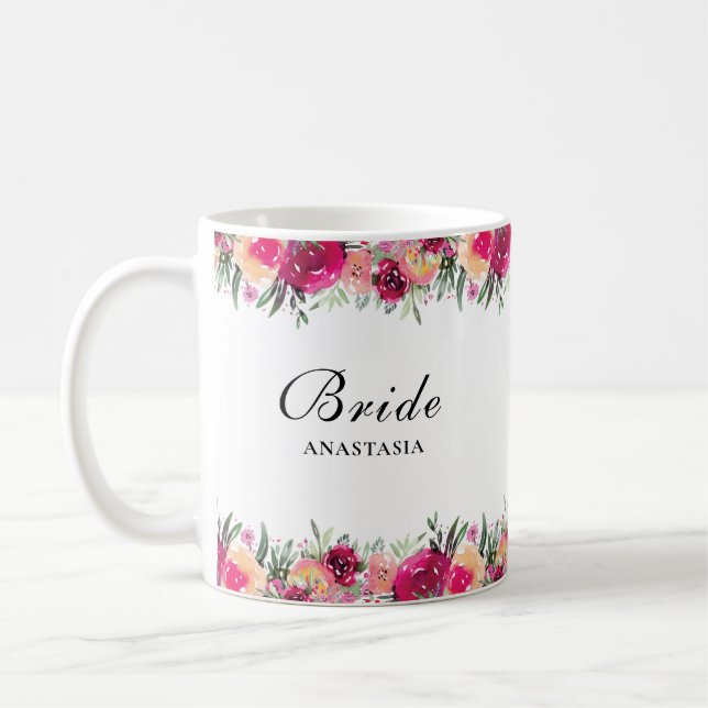Watercolor Floral Pink Wedding Bride Coffee Mug (Left)