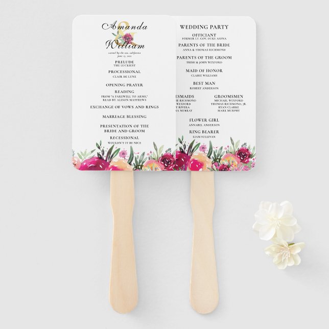 Watercolor Floral Pink Wedding Ceremony Program Hand Fan (Front and Back)
