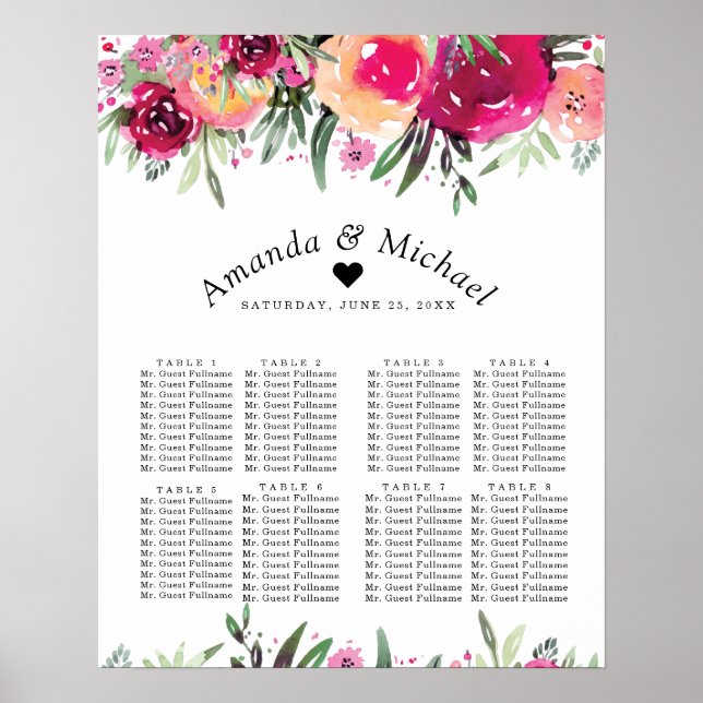 Watercolor Floral Pink Wedding Seating Chart (Front)