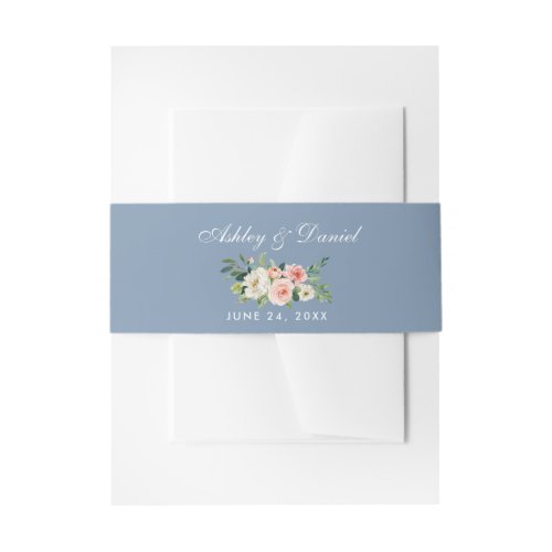 Watercolor Floral Pink White Dusty Blue Wedding Invitation Belly Band