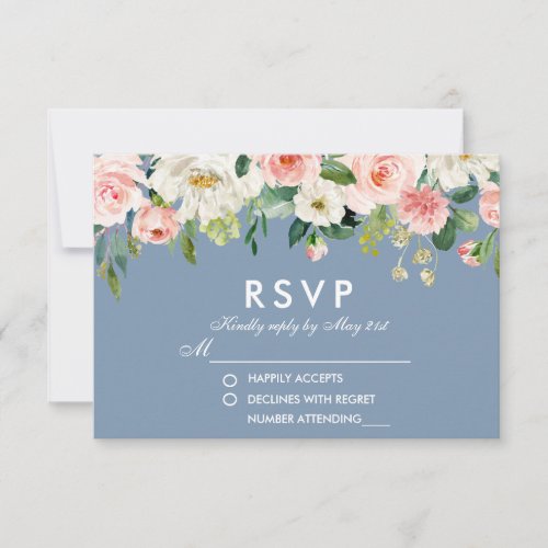 Watercolor Floral Pink White Dusty Blue Wedding RSVP Card