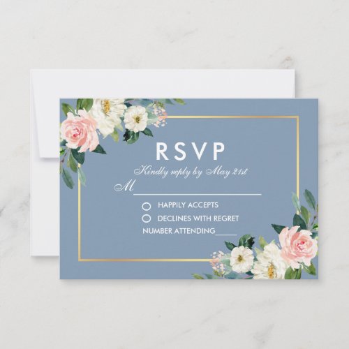 Watercolor Floral Pink White Dusty Blue Wedding RSVP Card