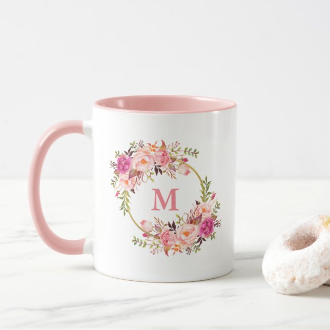 Watercolor Floral Pink White Gold Circle Monogram Mug (With Donut)