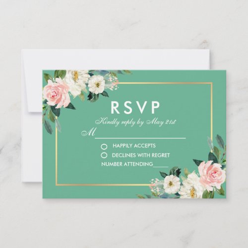 Watercolor Floral Pink White Gold Neo Mint RSVP Card
