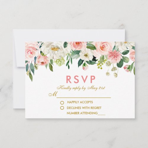 Watercolor Floral Pink White Gold RSVP Wedding P