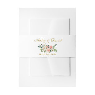 Watercolor Floral Pink White Gold Wedding Invitation Belly Band