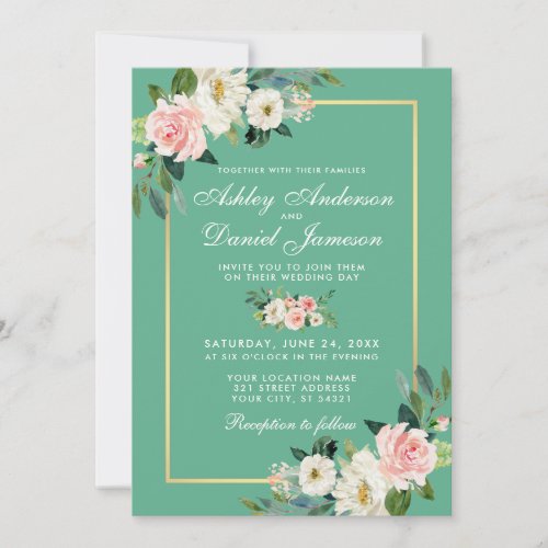 Watercolor Floral Pink White Gold Wedding Neo Mint Invitation