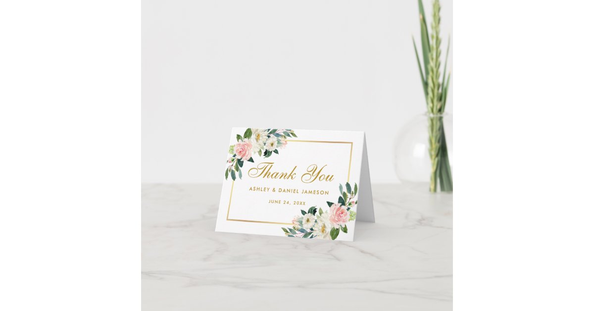 Watercolor Floral Pink White Gold Wedding Note Thank You Card | Zazzle