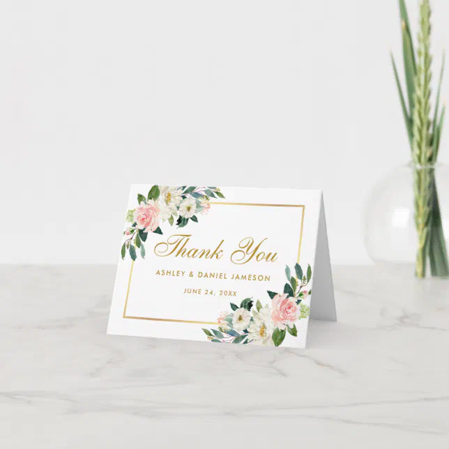 Watercolor Floral Pink White Gold Wedding Note Thank You Card | Zazzle
