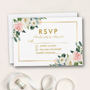 Watercolor Floral Pink White Gold Wedding RSVP