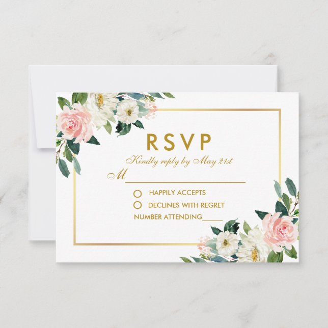 Watercolor Floral Pink White Gold Wedding RSVP Pk Card (Front)