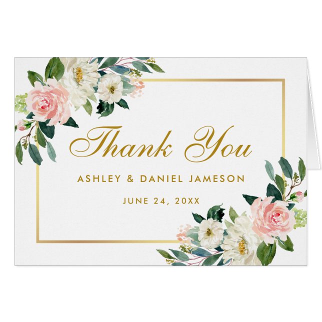 Watercolor Floral Pink White Gold Wedding Thanks (Front Horizontal)