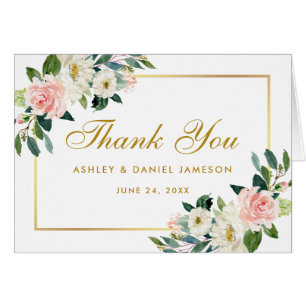Watercolor Floral Pink White Gold Wedding Thanks Cards
