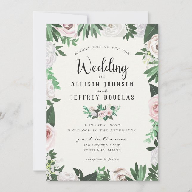 Watercolor Floral Pink White Green Wedding Card (Front)