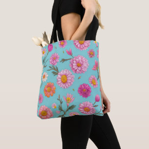 watercolor floral pink white orange daisies teal tote bag