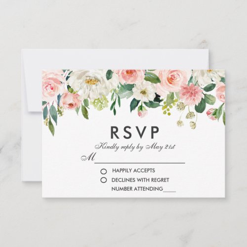 Watercolor Floral Pink White RSVP Wedding P