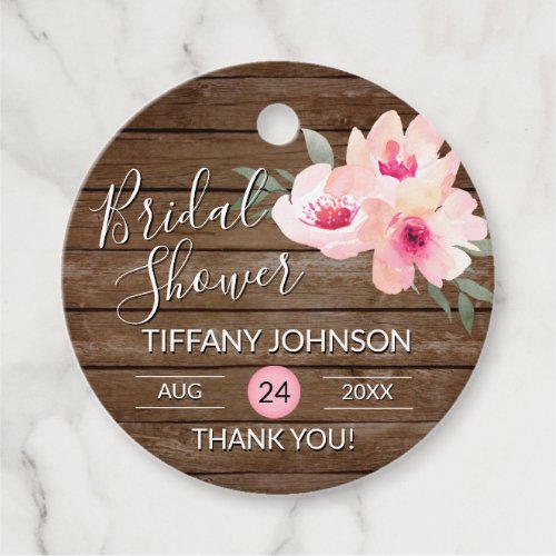 Watercolor Floral Pink Wood Rustic Bridal Shower Favor Tags