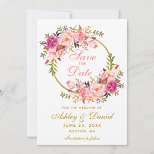 Watercolor Floral Pink Wreath Gold Save The Date