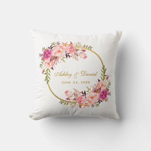 Watercolor Floral Pink Wreath Gold Wedding Throw Pillow