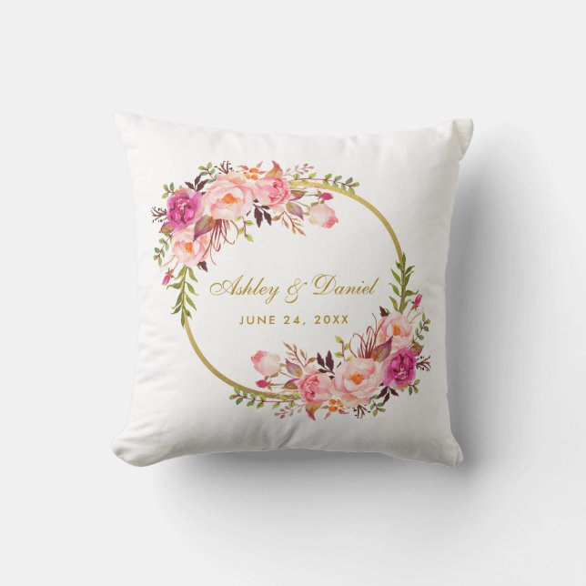 Watercolor Floral Pink Wreath Gold Wedding Throw Pillow (Front)