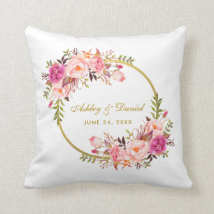 Watercolor Floral Pink Wreath Gold Wedding Throw Pillow