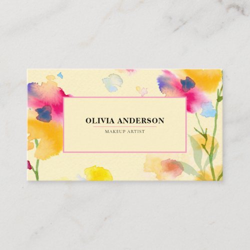 Watercolor Floral Pink Yellow Blue Modern Abstract Business Card