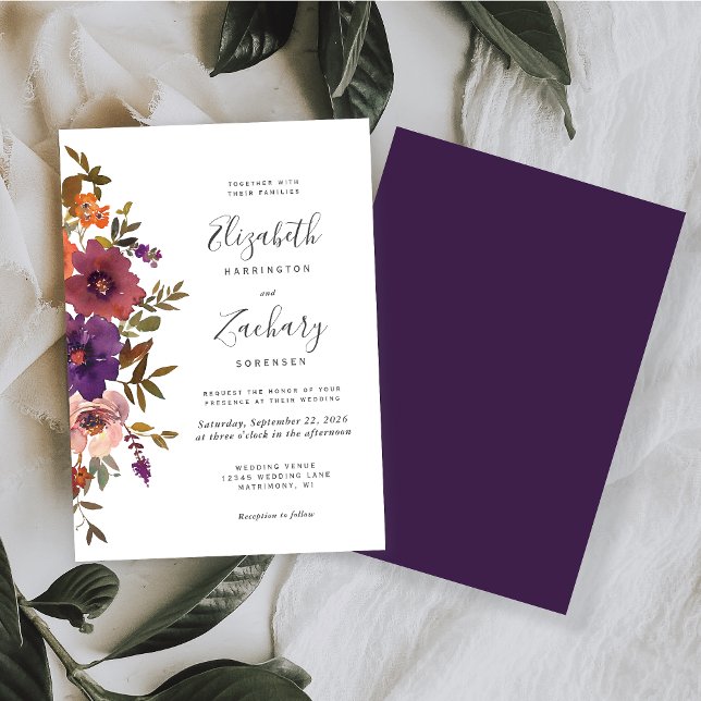 Watercolor Floral Plum Copper Fall Wedding Invitation (Creator Uploaded)