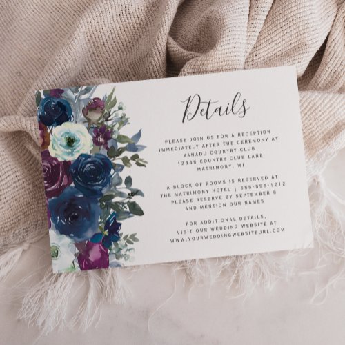 Watercolor Floral Plum Navy Blue Wedding Details Enclosure Card
