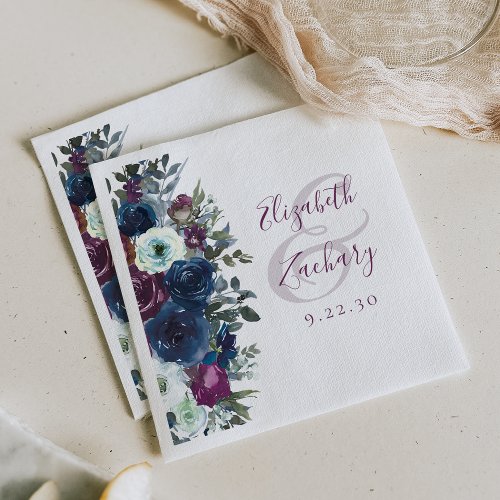 Watercolor Floral Plum Navy Blue Wedding Napkins