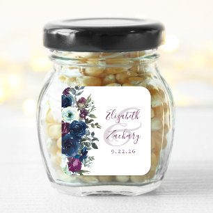 Watercolor Floral Plum Navy Blue Wedding Square Sticker