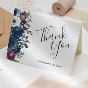 Watercolor Floral Plum Navy Blue Wedding Thank You Card